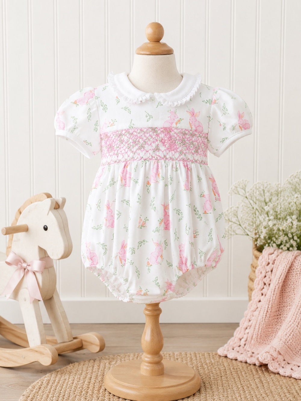 Nellapima Pink Bunny Smocked Bubble Romper 6-9M 100% Pima Cotton NWT